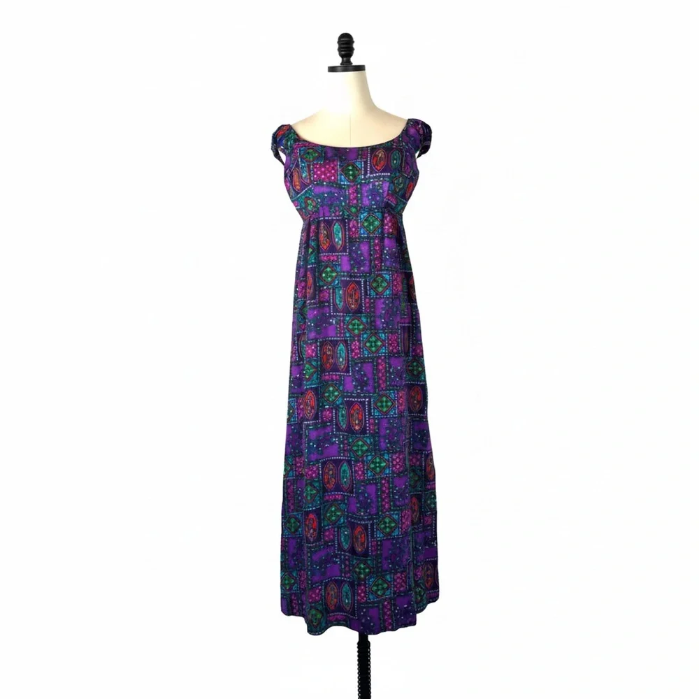 Vintage Hawaiian Purple Psychedelic Floral Patterned Maxi Dress Cap Sleeve Sa-Ne - Picture 2 of 16